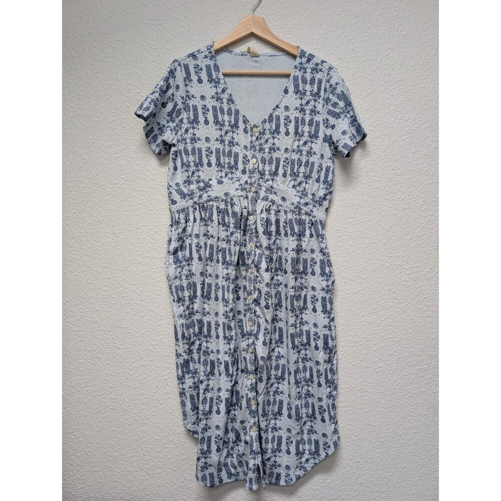 Blue Printed V-Neck Button-Front Women's Dress